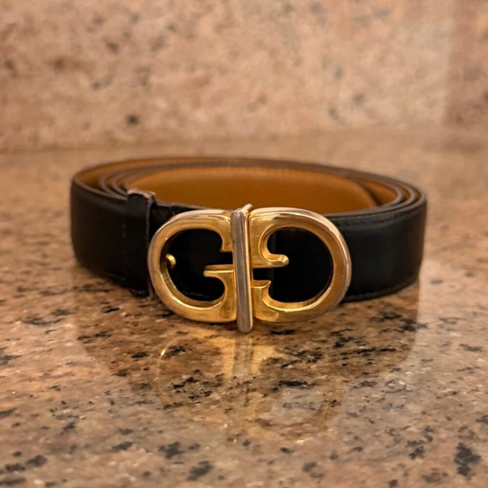 RARE GUCCI 1970's VTG Gold & Silver Double G Buckle Leather Belt "G. Gucci" EUC